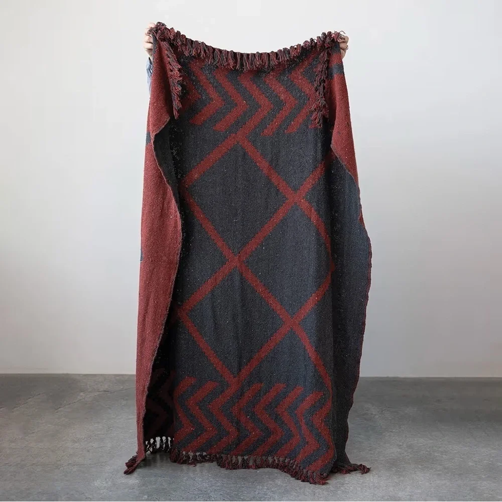 Creative Co-Op Recycled Cotton Blend Throw Blanket Geometric Fringe, Multicolor